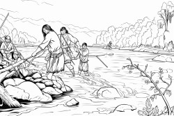 native americans crossing a river on foot using a grapevine as a rope to keep them connected