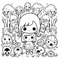 a kawaii character lost in a  spooky forest filled with strange creatures