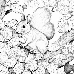 a closeup scene of a fluffy squirrel gathering nuts under a large oak tree with leaves drifting down