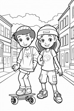 young boy and gir skateboarding through town