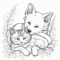 a kitten and a puppy taking a nap together