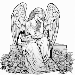 a somber angel with large dark wings kneeling at a gravestone
