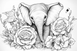 baby elephant baby owl in sunflower and roses