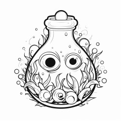 potion bottle with eyeball inside crystals and herbs