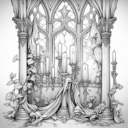 a tall gothic candelabra with melting candles surrounded by dark flowing curtains