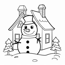 a house covered in snow and a snow man on the lawn