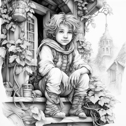 a halfling at the veranda with shrubbery on a deluge evening