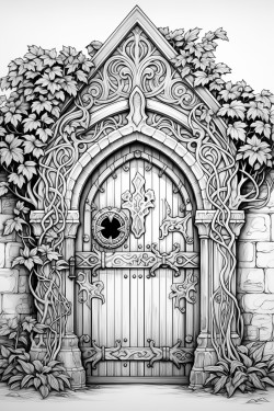 gothic style door with intricate patterns in the wood wrought iron bars and an eclectic door knocker coloring page