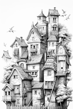 birds sauring above houses