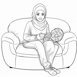 beautiful hijabi sitting on a couch having a donut in casual clothinh jeans