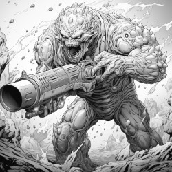 monster made of lava shooting a lava minigun