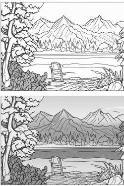 relaxing landscape coloring page black white and full color 2 version