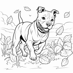 a pitbull running through a yard with heavy foliage