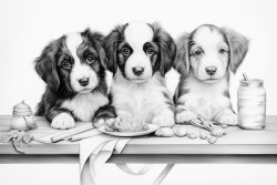 a group of puppies sitting at a table sharing a meal