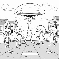 a group of aliens standing in the middle of a street