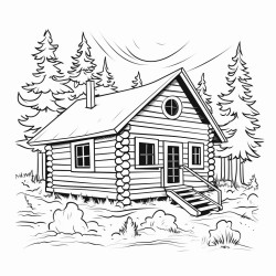 simple blackandwhite coloring page for children of a log cabin under pine trees niji 4