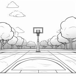 a large cement pad with a basketball court in the background and a grass field to the side