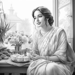 a bengali girl wearing saree sitting on chair drinking tea and table infront of her
