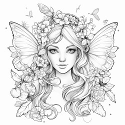 a beautiful elf girl with wings surrounded by beautiful nature delicate flowers large trees coloring page for adults