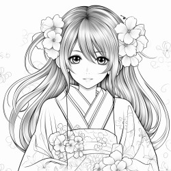 anime style detailed feminine kimono girl with big eyes and shiny long hair