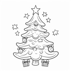 black and white coloring book drawing only thick outlines no grayscale for children cartoon style christmas tree