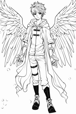 teenage anime boy full body with bird wings