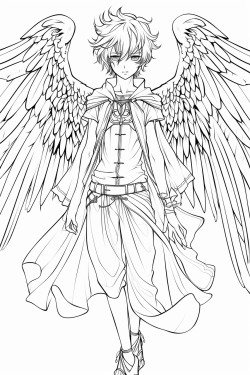teenage anime boy full body with bird wings