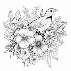 floral composition bouquet with hand drawn flowers blossom branches leaves and birds
