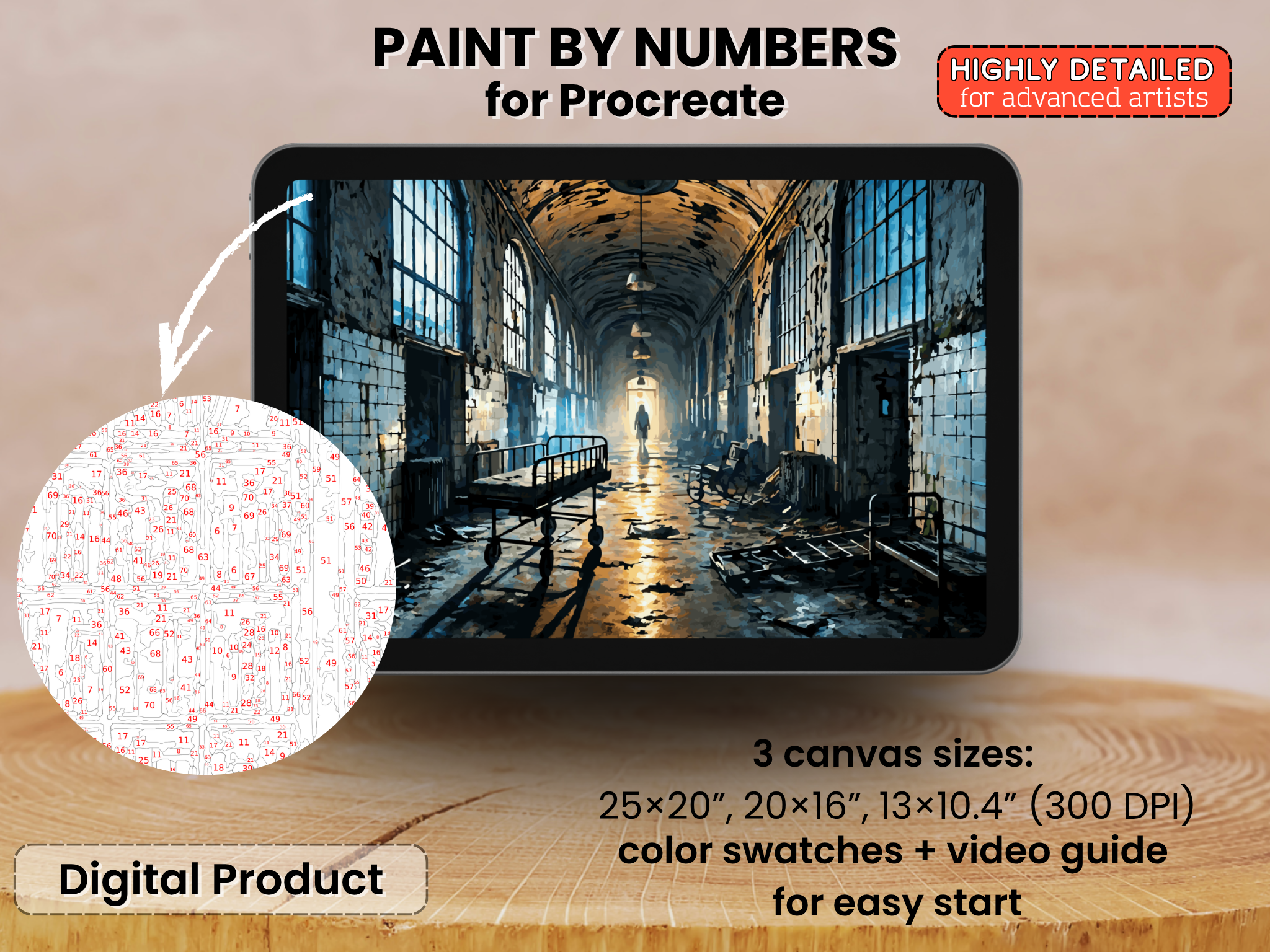 Abandoned Asylum Corridor Paint by Number for Procreate – Dark Horror Interior Scene | Digital Download