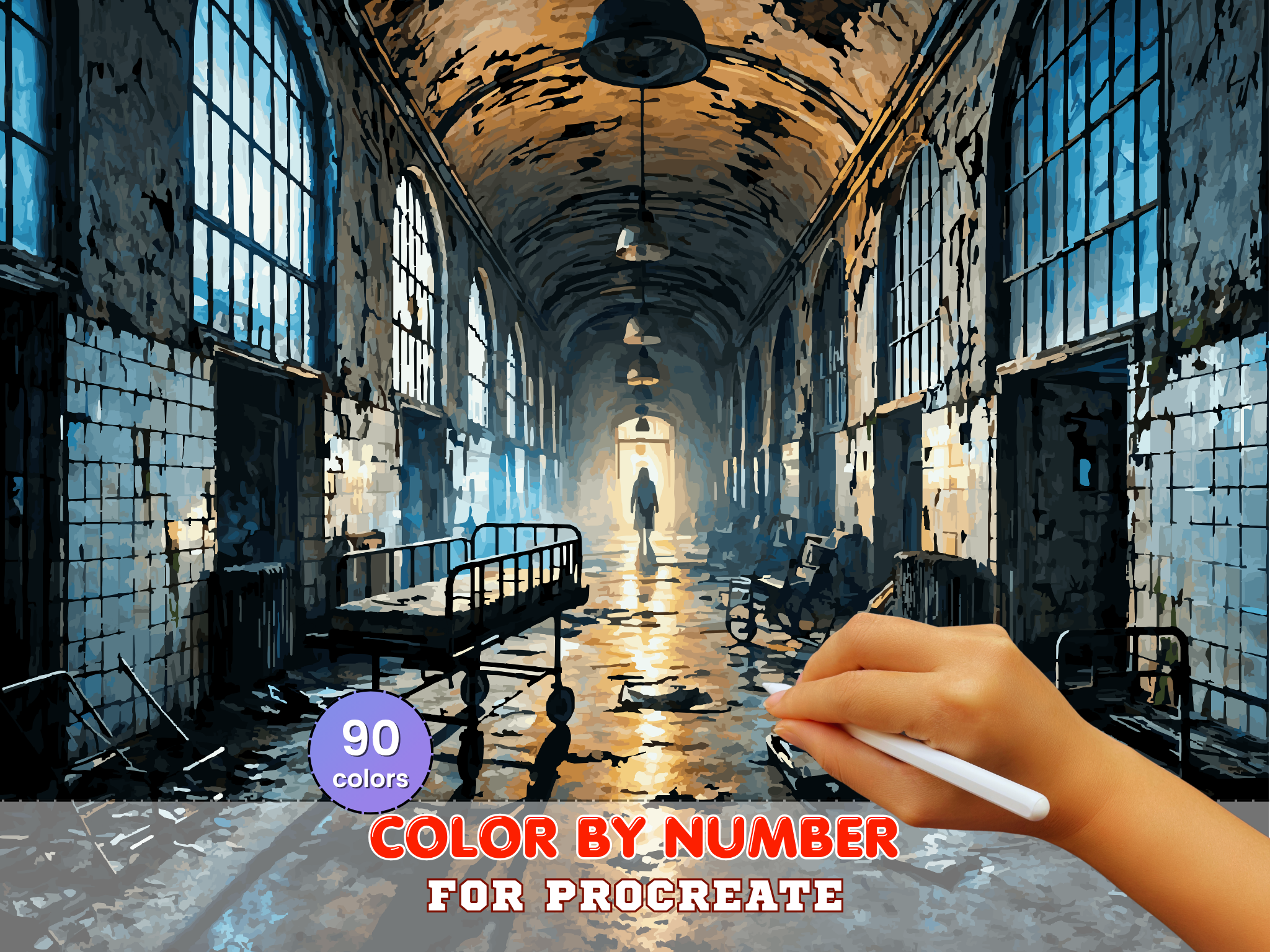 Abandoned Asylum Corridor Paint by Number for Procreate – Dark Horror Interior Scene | Digital Download