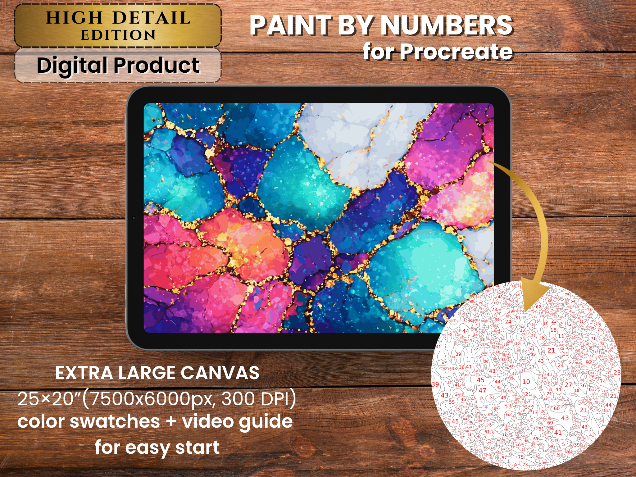 Abstract Crystal Paint by Number for Procreate – Luxury Gold Marble Art (Digital Download)