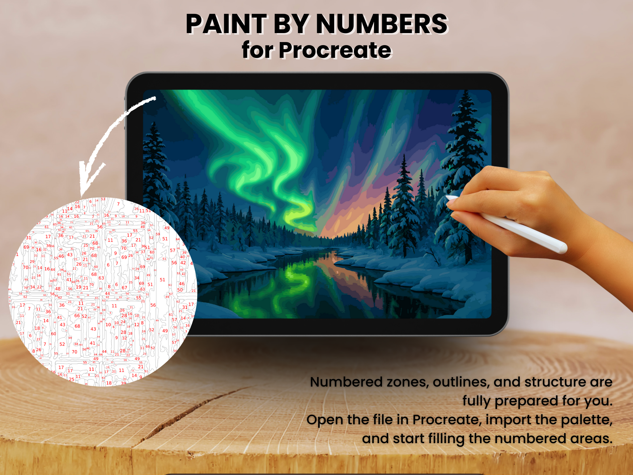Aurora Borealis Paint by Number, Winter Forest Landscape (Procreate Digital Art)