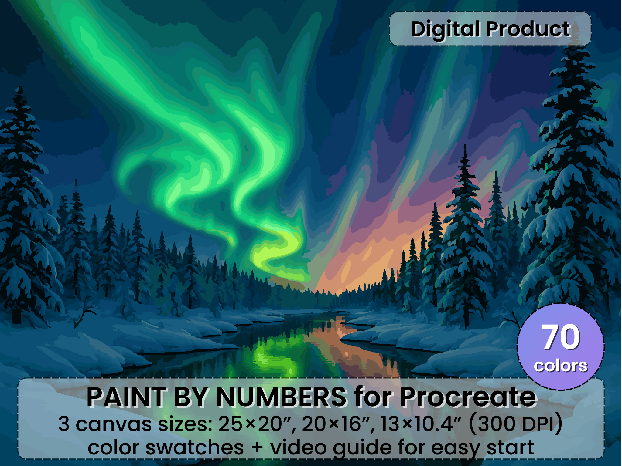 Aurora Borealis Paint by Number, Winter Forest Landscape (Procreate Digital Art)