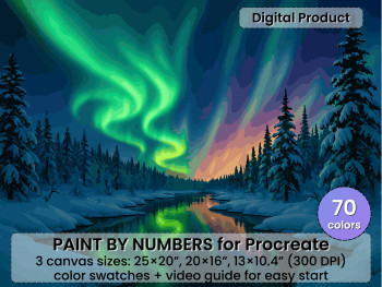 Aurora Borealis Paint by Number, Winter Forest Landscape (Procreate Digital Art)