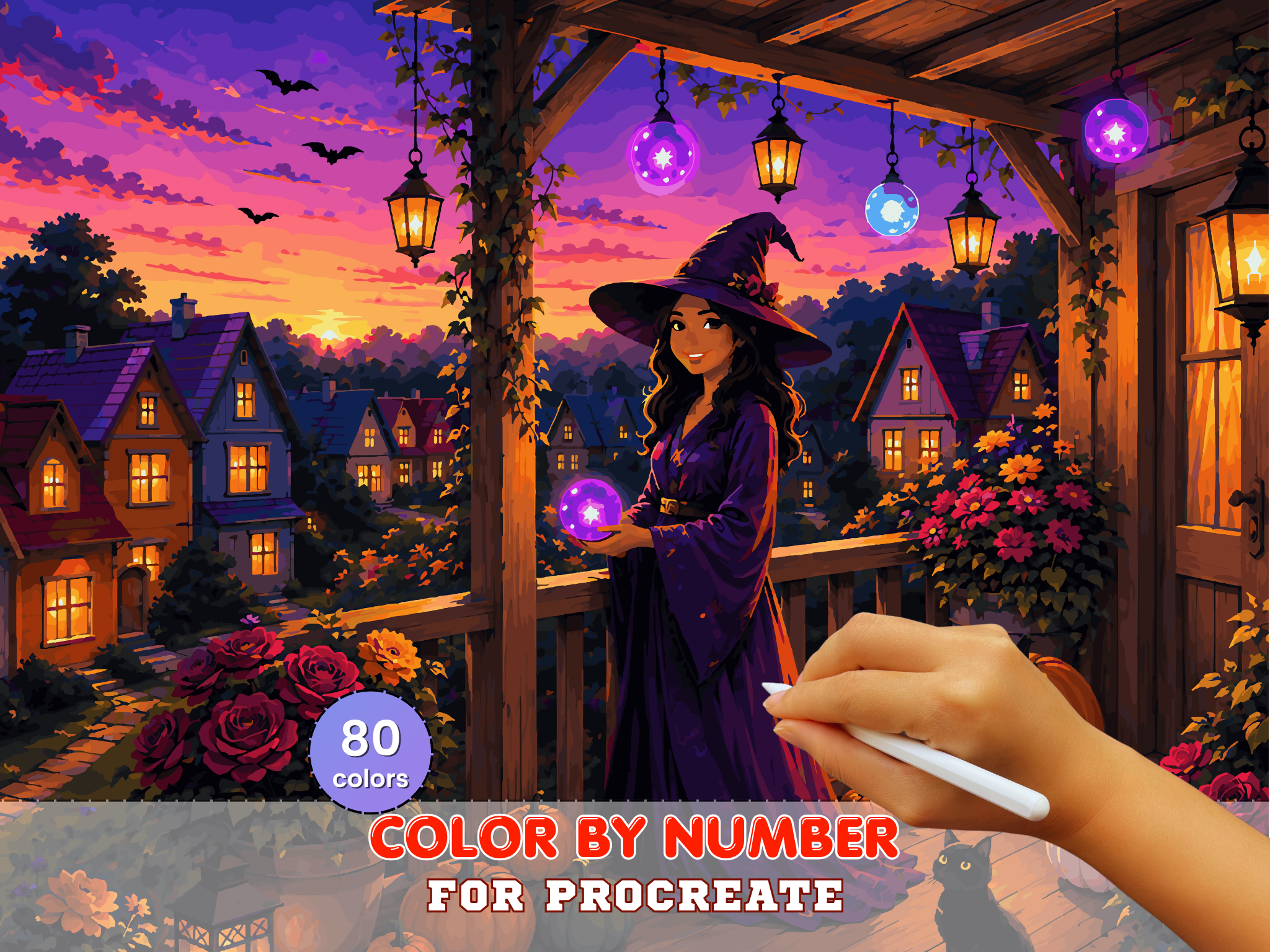 Осіння відьма розмальовка за номерами для Procreate – Чарівний Хелловінський ґанок | Цифрове завантаження