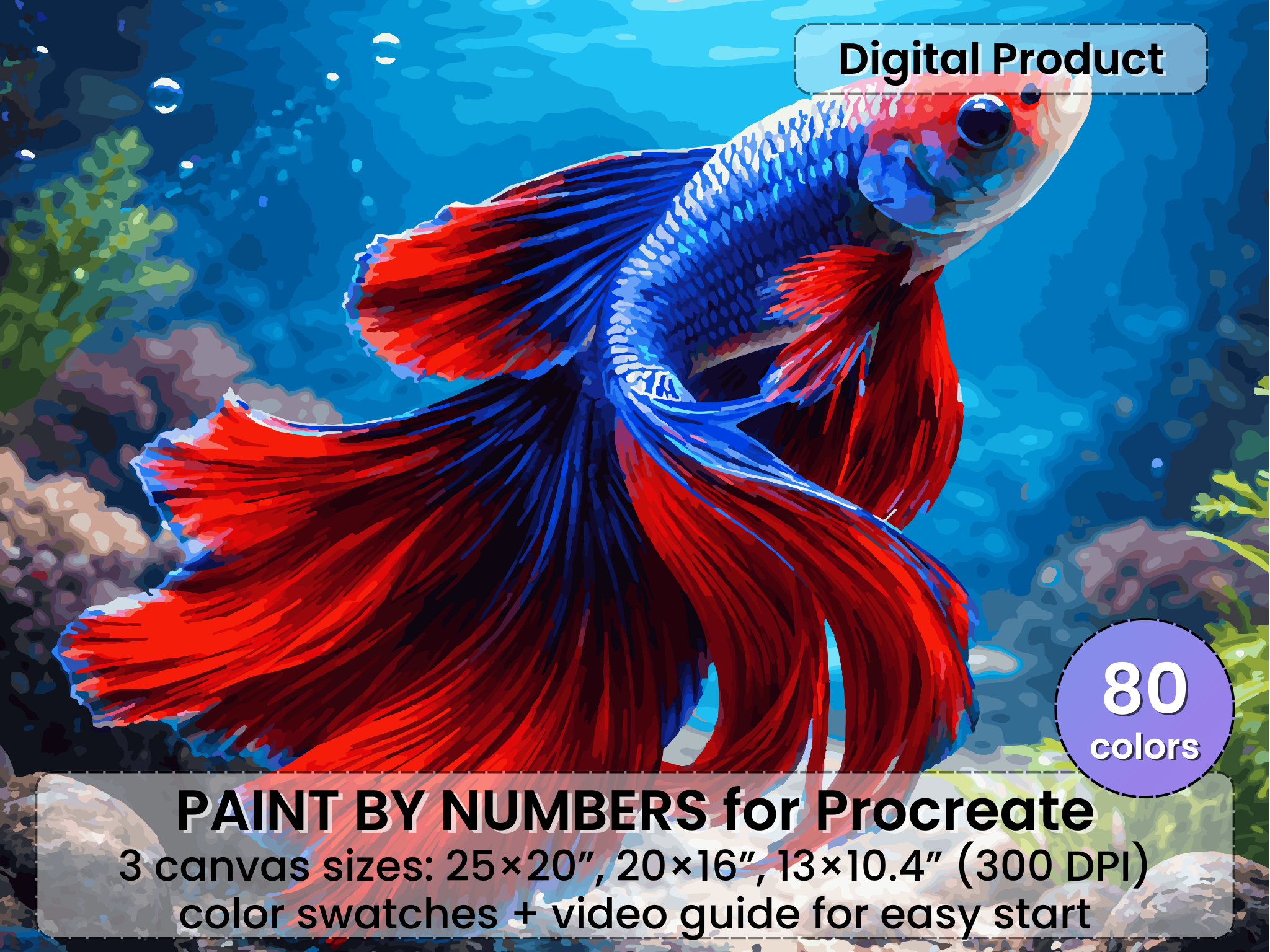 Betta Fish Paint by Number for Procreate – Colorful Aquarium Art | Digital Download