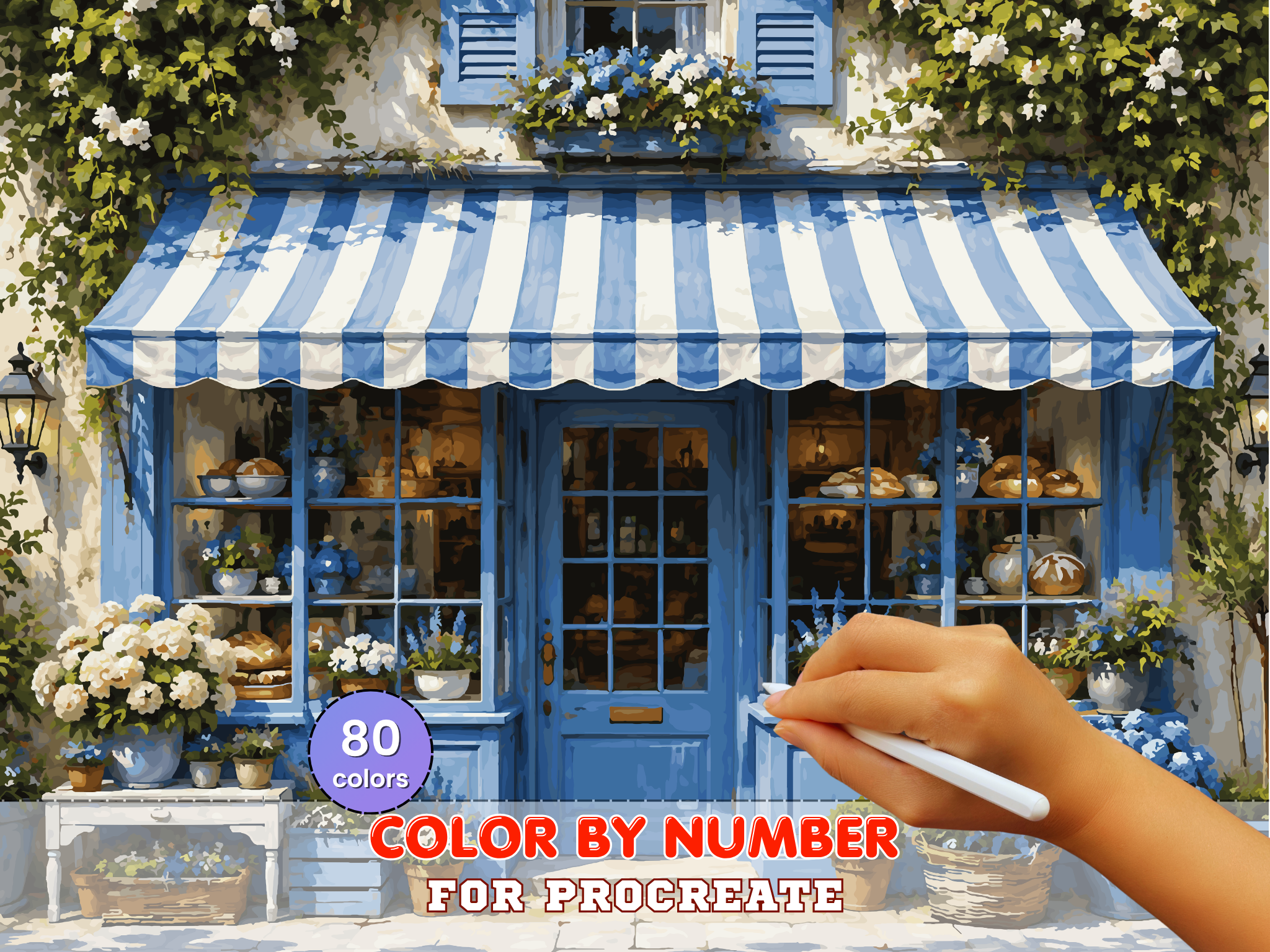 Blue Cottage Bakery Paint by Number for Procreate – Charming Floral Shop | Digital Download