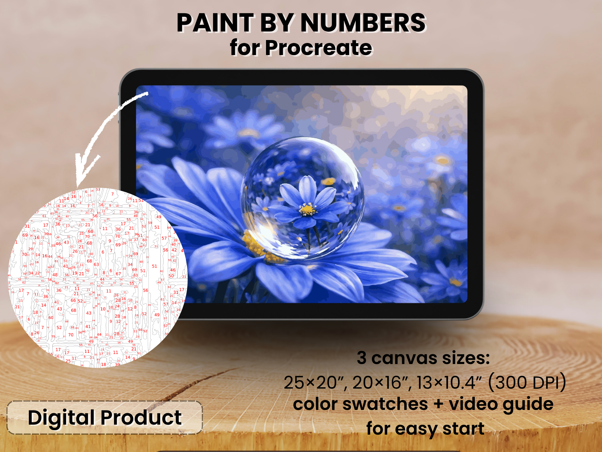 Blue Daisy Dew Drop Paint by Number for Procreate – Macro Floral Reflection | Digital Download