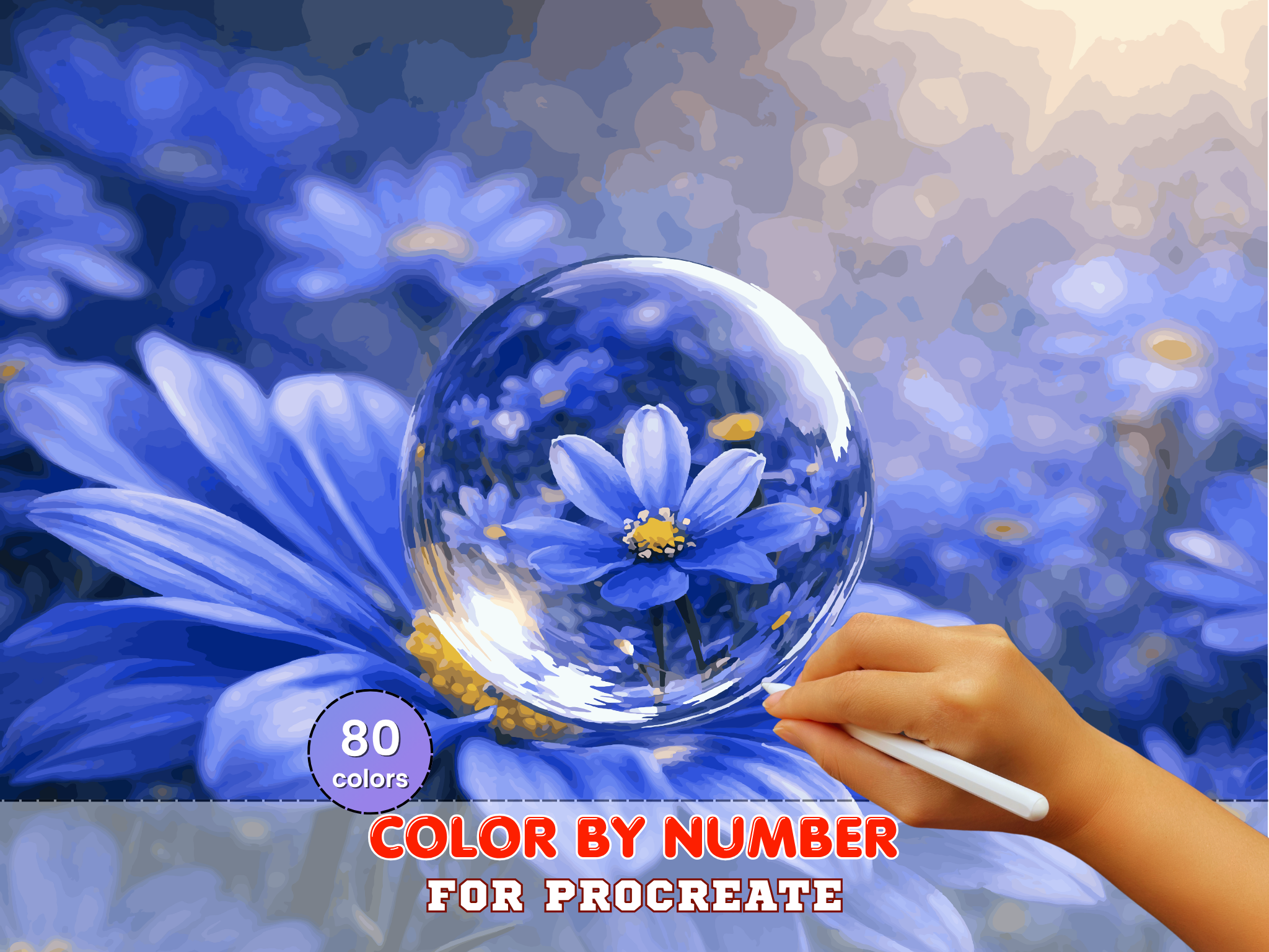 Blue Daisy Dew Drop Paint by Number for Procreate – Macro Floral Reflection | Digital Download