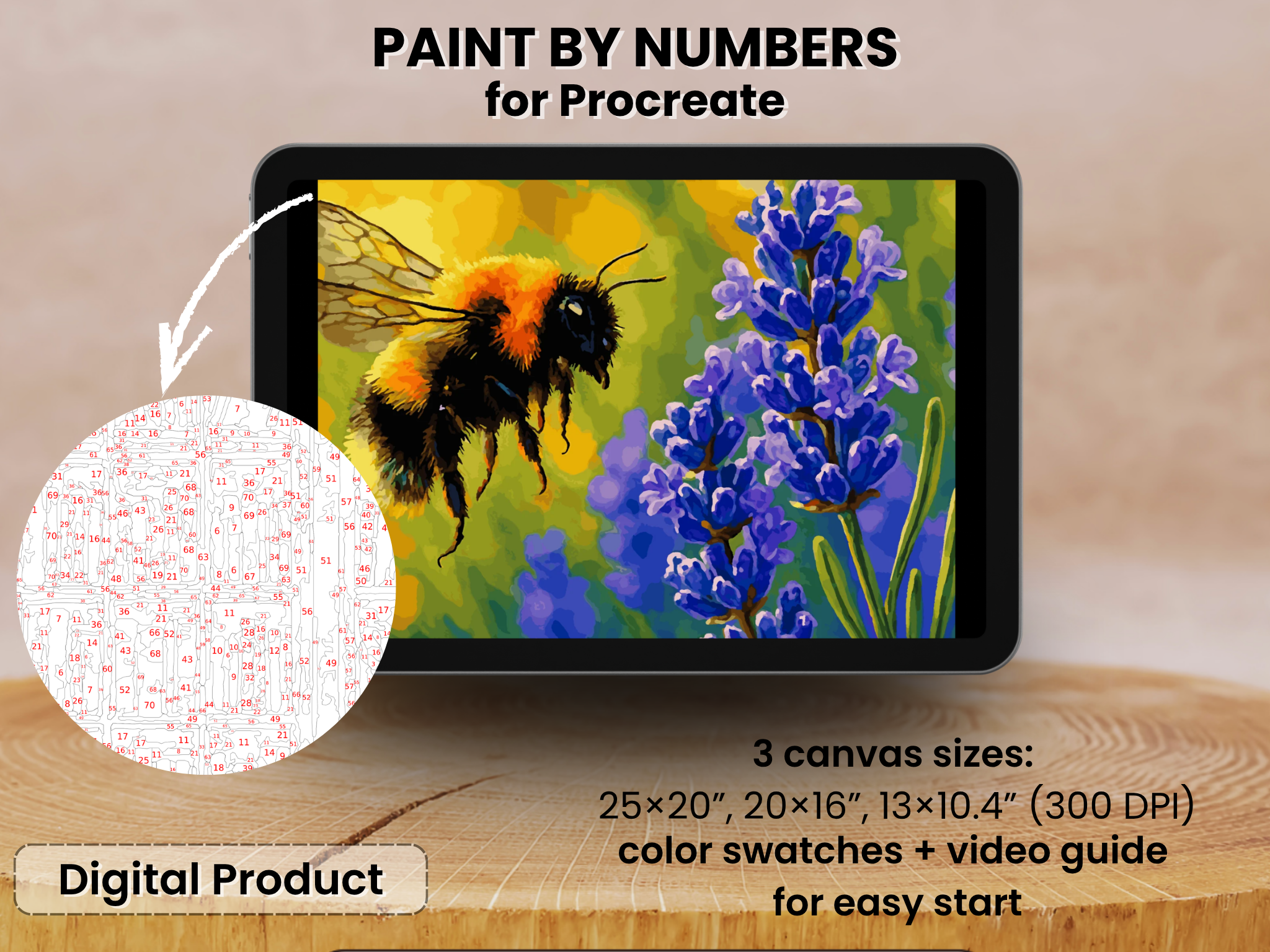 Bumblebee and Lavender Paint by Number for Procreate – Summer Pollinator Garden | Digital Download