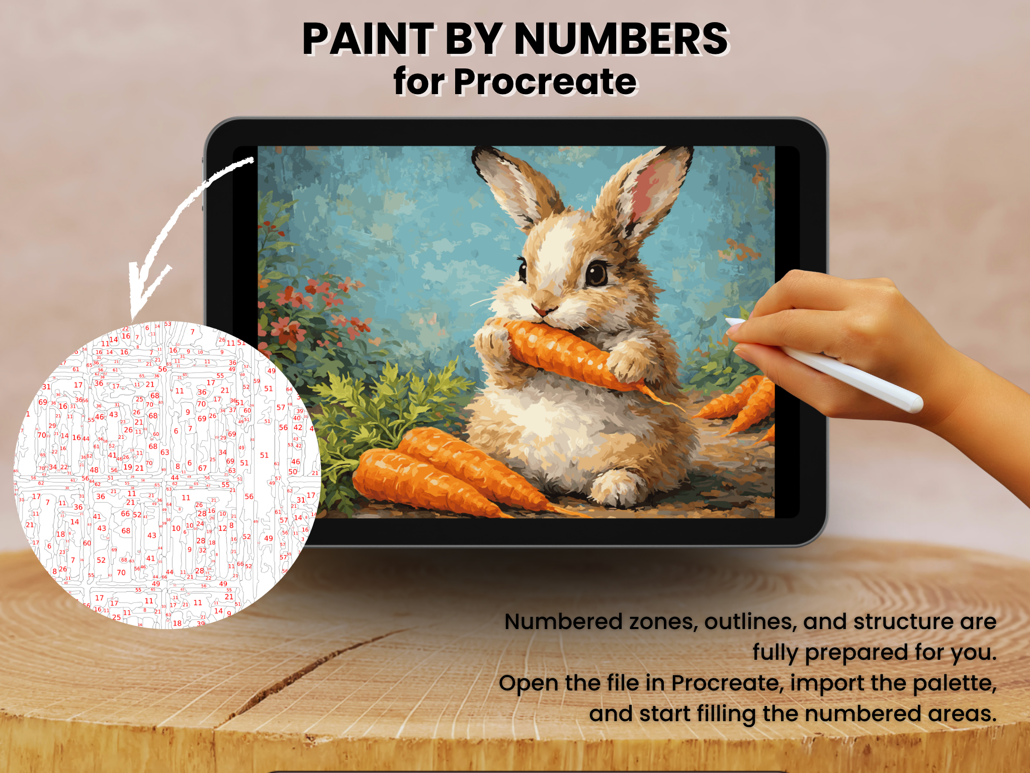 Bunny with Carrot Paint by Number for Procreate – Garden Scene (Digital Download)