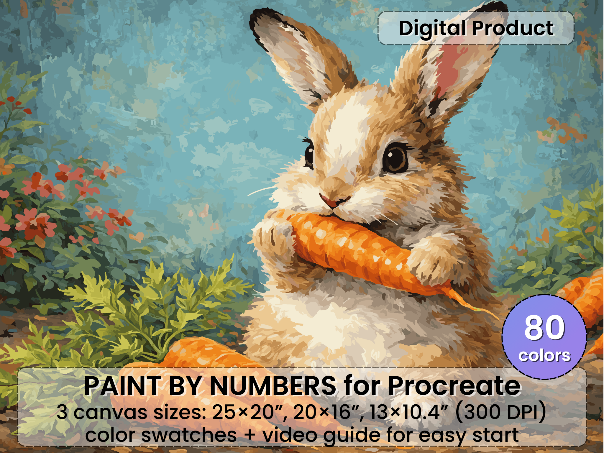 Bunny with Carrot Paint by Number for Procreate – Garden Scene (Digital Download)