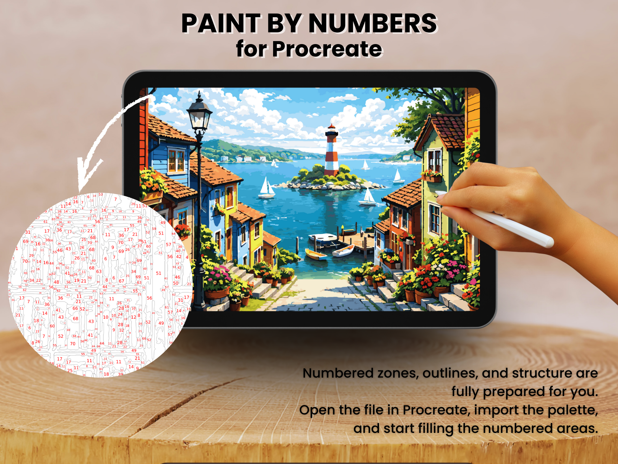 Phare de Village Côtier Peinture par Numéros pour Procreate – Bord de Mer Méditerranéen | Téléchargement Numérique