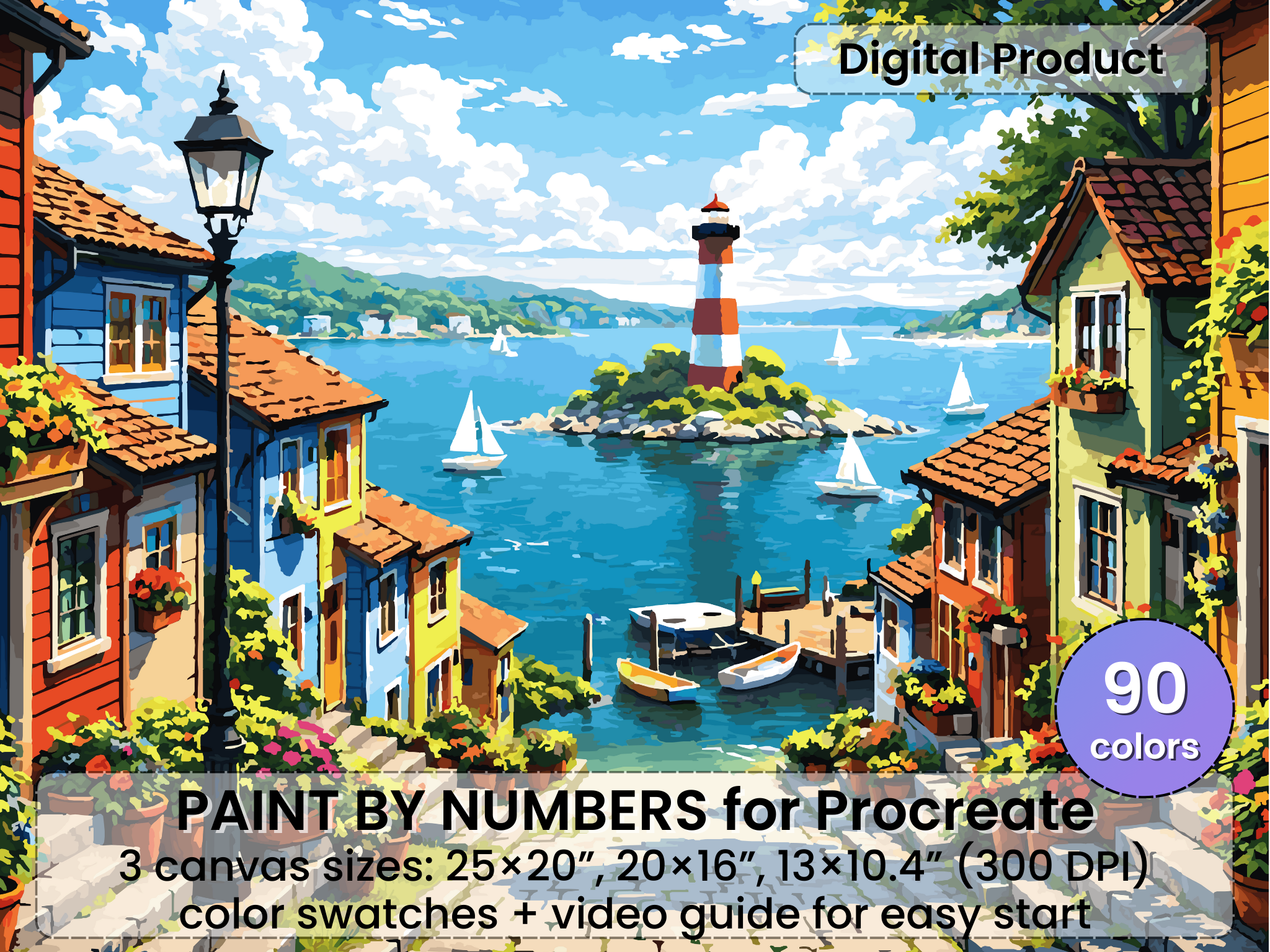 Phare de Village Côtier Peinture par Numéros pour Procreate – Bord de Mer Méditerranéen | Téléchargement Numérique