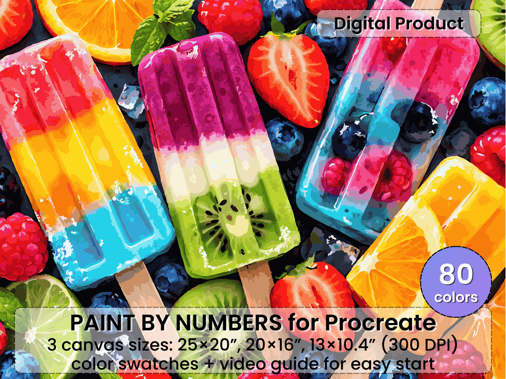 Colorful Fruit Popsicles Paint by Number for Procreate – Summer Ice Cream Art (Digital Download)