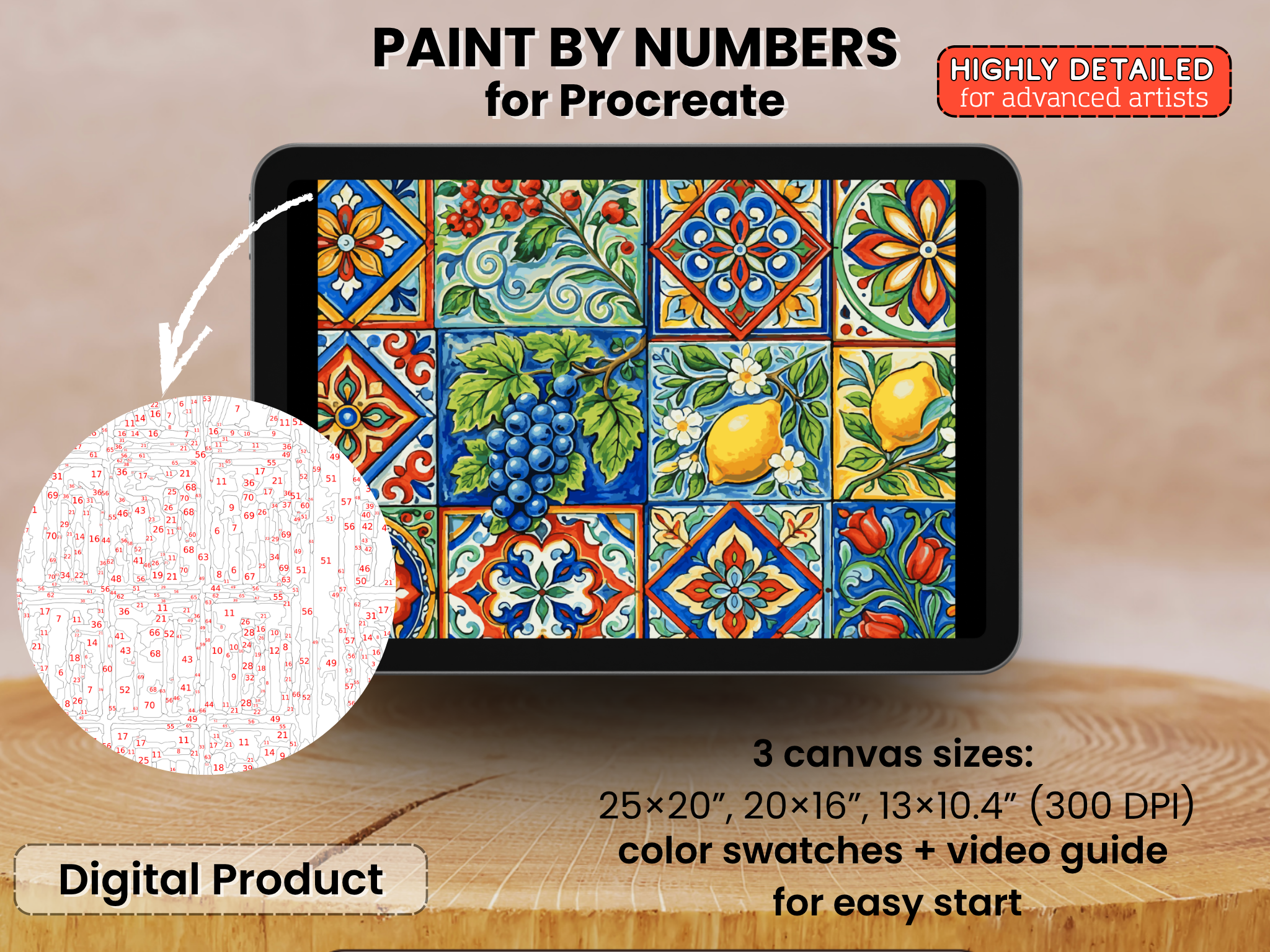 Piastrelle Mediterranee Colorate da Dipingere con i Numeri per Procreate – Arte Decorativa con Motivo Ceramico | Download Digitale