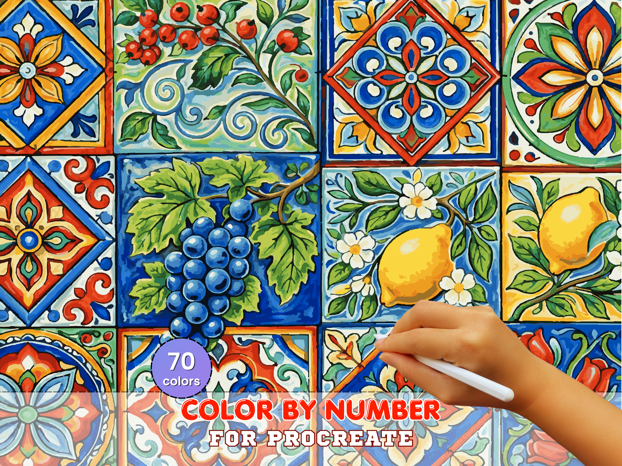 Piastrelle Mediterranee Colorate da Dipingere con i Numeri per Procreate – Arte Decorativa con Motivo Ceramico | Download Digitale