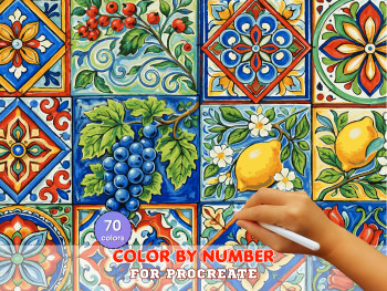 Colorful Mediterranean Tiles Paint by Number for Procreate – Decorative Ceramic Pattern Art | Digital Download