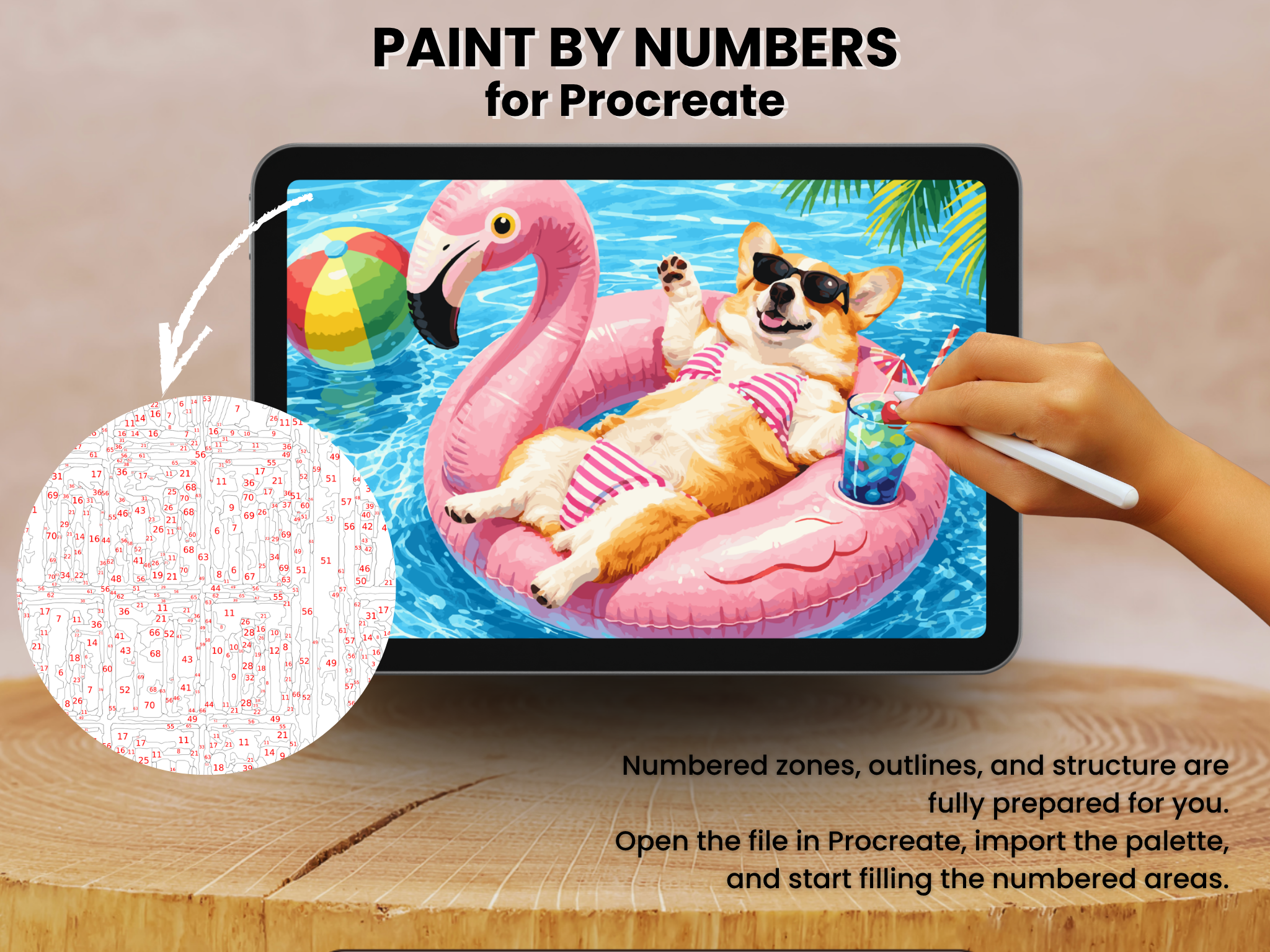Corgi Flamingo Pool Float Paint by Number for Procreate (Digital Download)