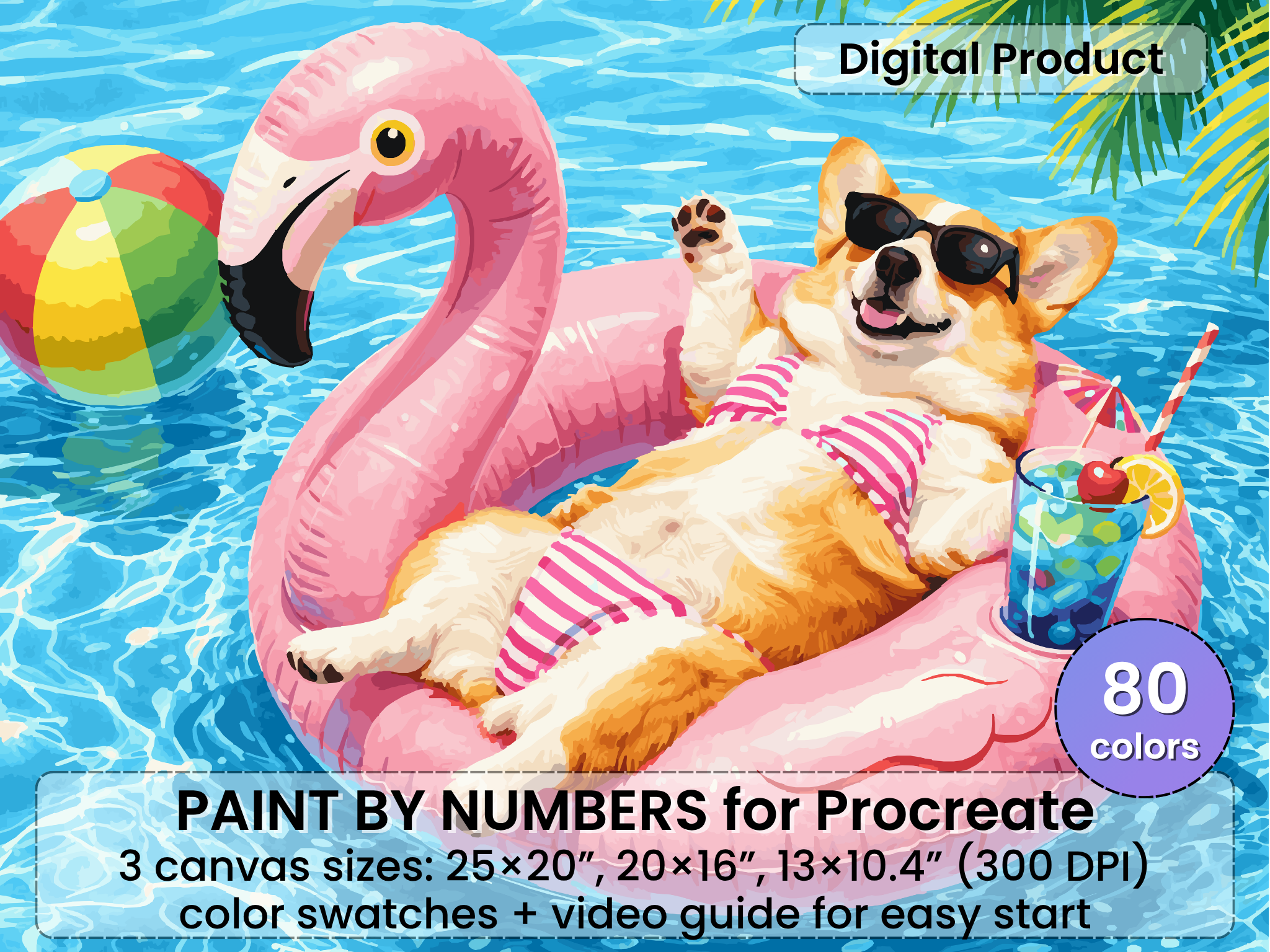 Corgi Flamingo Pool Float Paint by Number for Procreate (Digital Download)